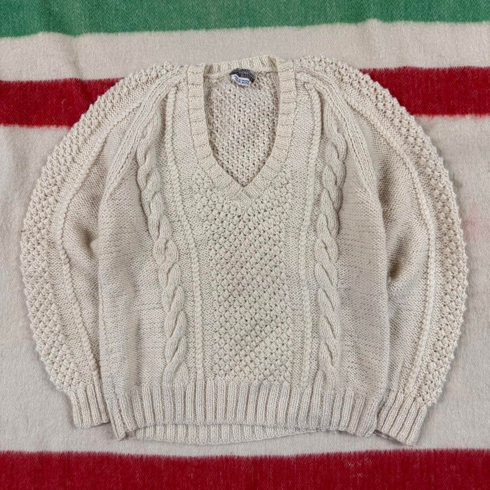 Vintage Wool Cable Knit V Neck Chunky Sweater Cream White Mens Large Uruguay
